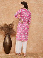 InWeave Women's Pink White Floral Square Lace Work Straight Kurta | Grocsy