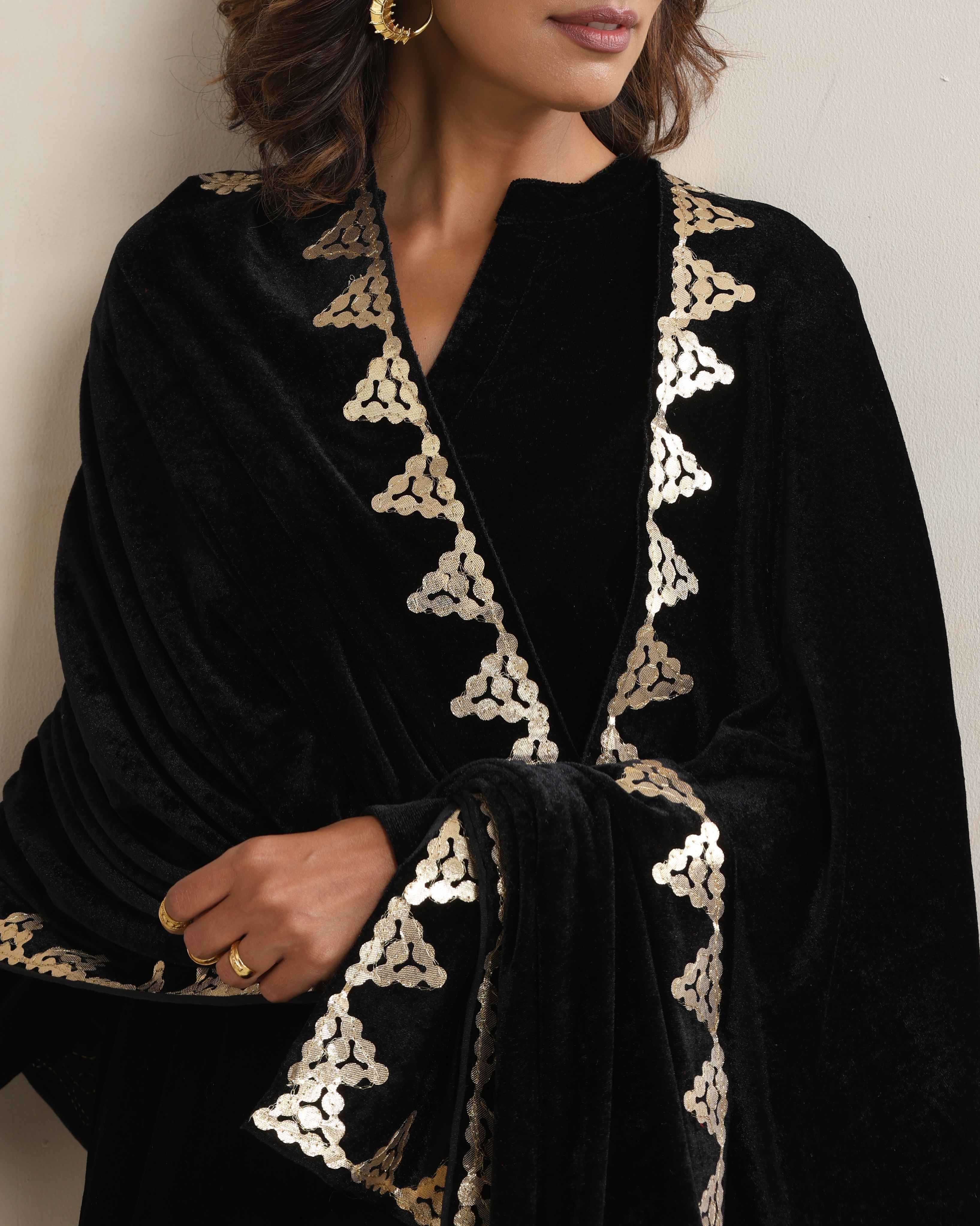 trueBrowns Black Velvet Gota Patti Stole | Grocsy