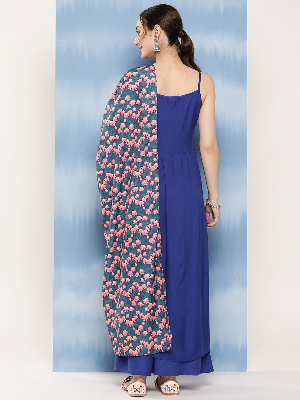 InWeave Women's Ink Blue Strappy Set With Navy Pink Lotus Cr Dupatta | Grocsy