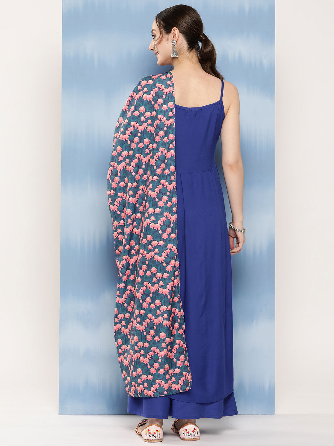 InWeave Women's Ink Blue Strappy Set With Navy Pink Lotus Cr Dupatta | Grocsy