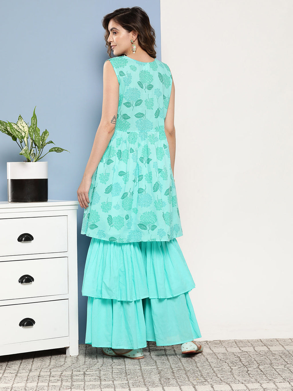 InWeave Women's Turquoise Printed Chintz Tiered Sharara Set | Grocsy