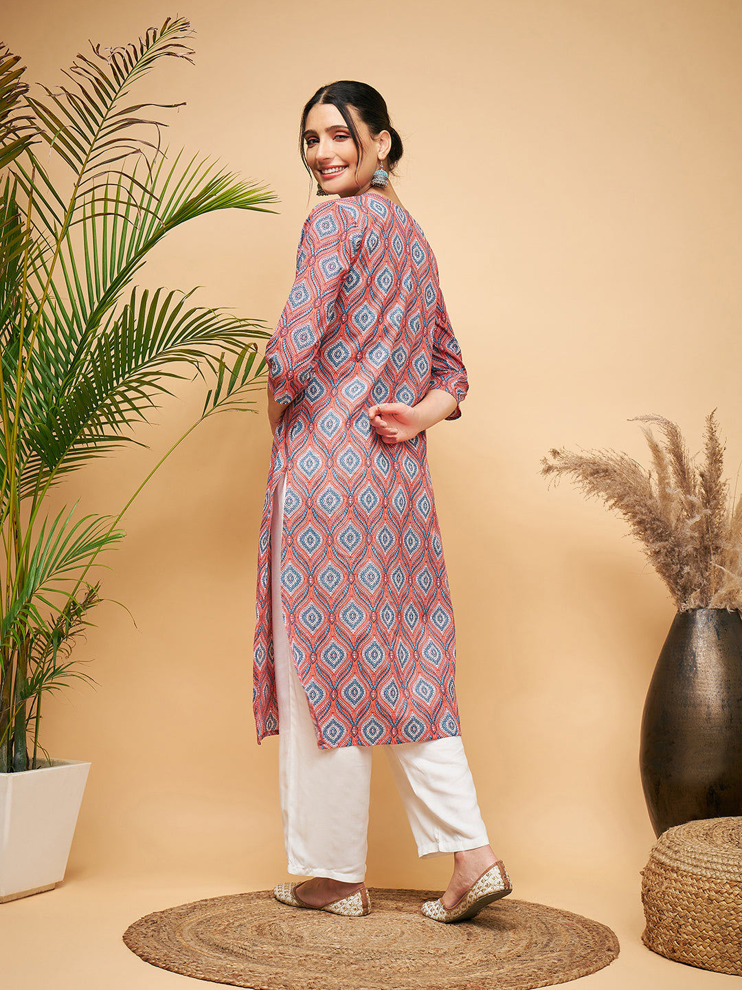 InWeave Women's Red Blue Ogee Print Gota Straight Kurta | Grocsy