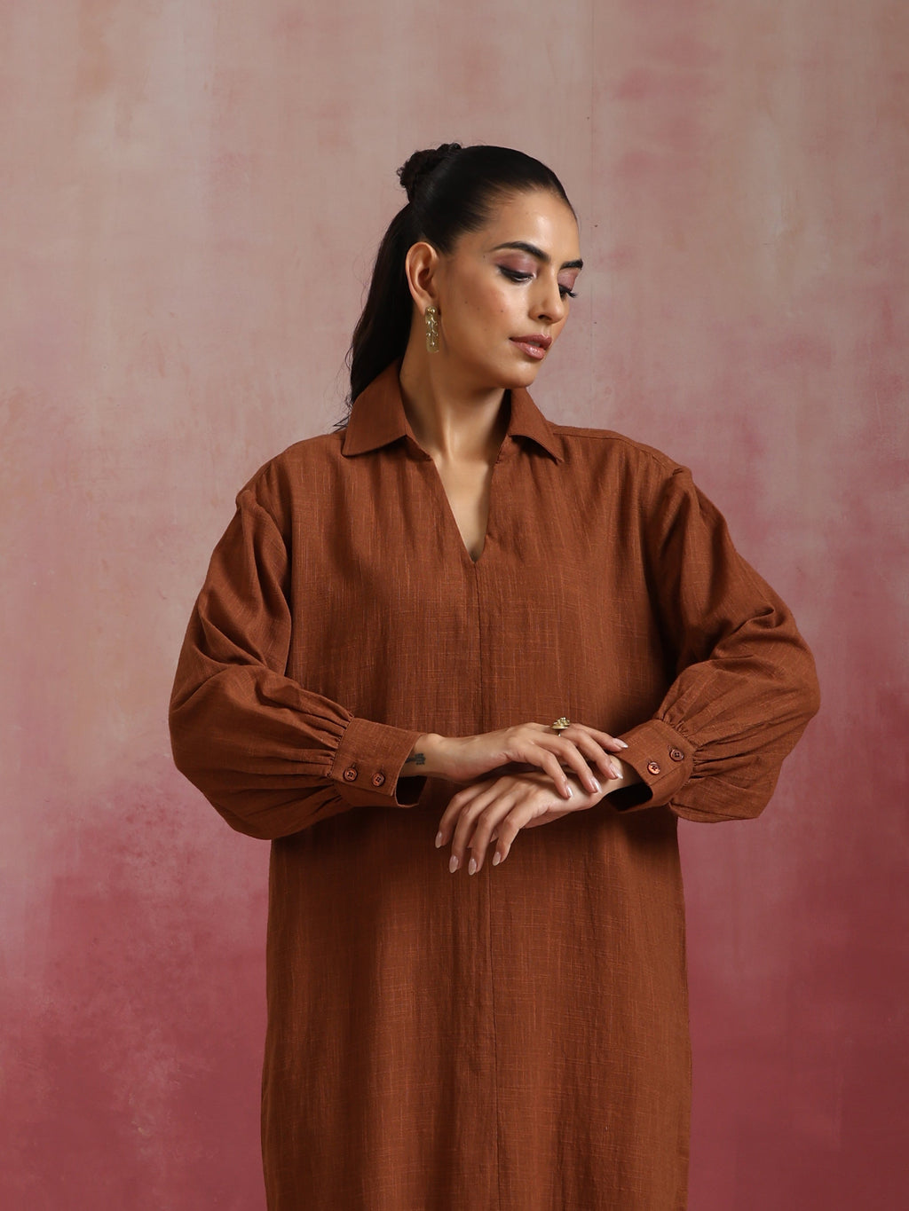 trueBrowns Brown Cotton Dobby Dress | Grocsy