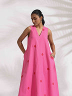 trueBrowns Pink Cotton Embroidered Flared Dress | Grocsy