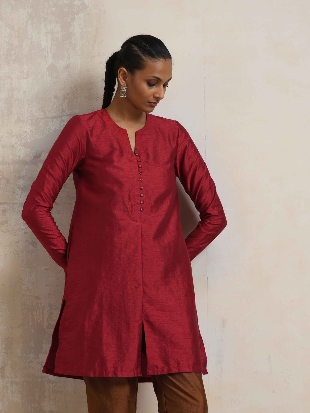 trueBrowns Red Silk Kurta Co-ord Set | Grocsy
