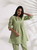 trueBrowns Green Slub Pleated Co-ord Set | Grocsy