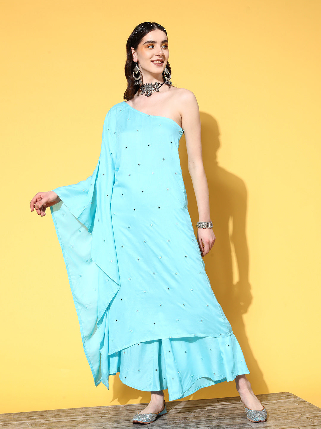InWeave Women's Sky Blue Mirror Work One Shoulder Kurta Set | Grocsy
