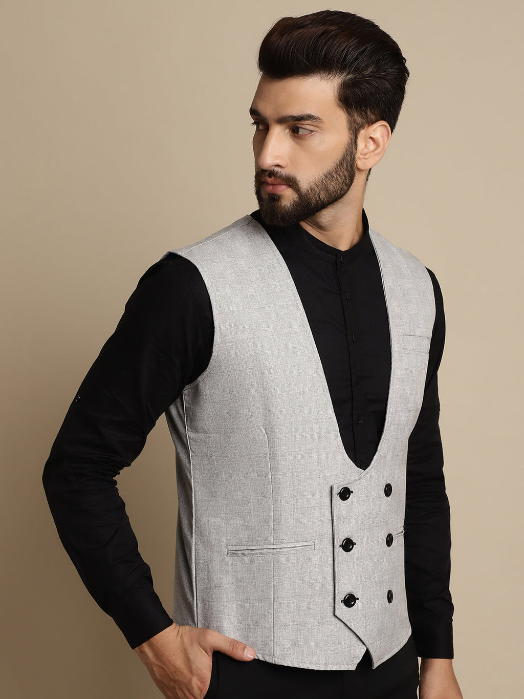 Even Apparels Men's Grey Double Breast Waistcoat | Grocsy