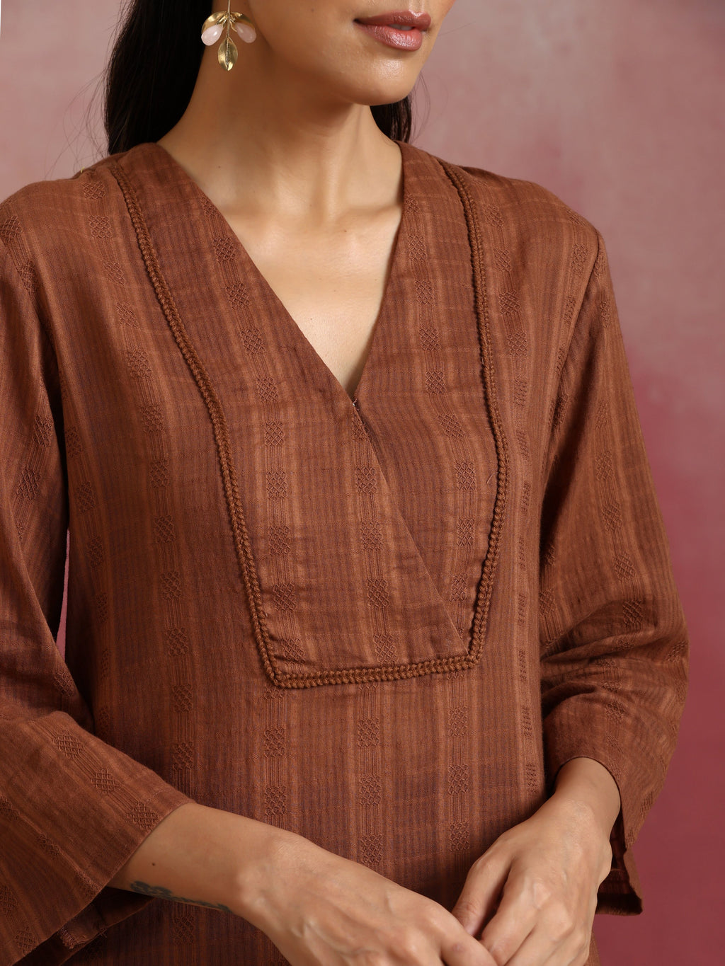 trueBrowns Brown Cotton Dobby Kurta Co-ord set | Grocsy