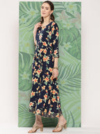 InWeave Women's Black Tropical Print Gota Long Dress | Grocsy