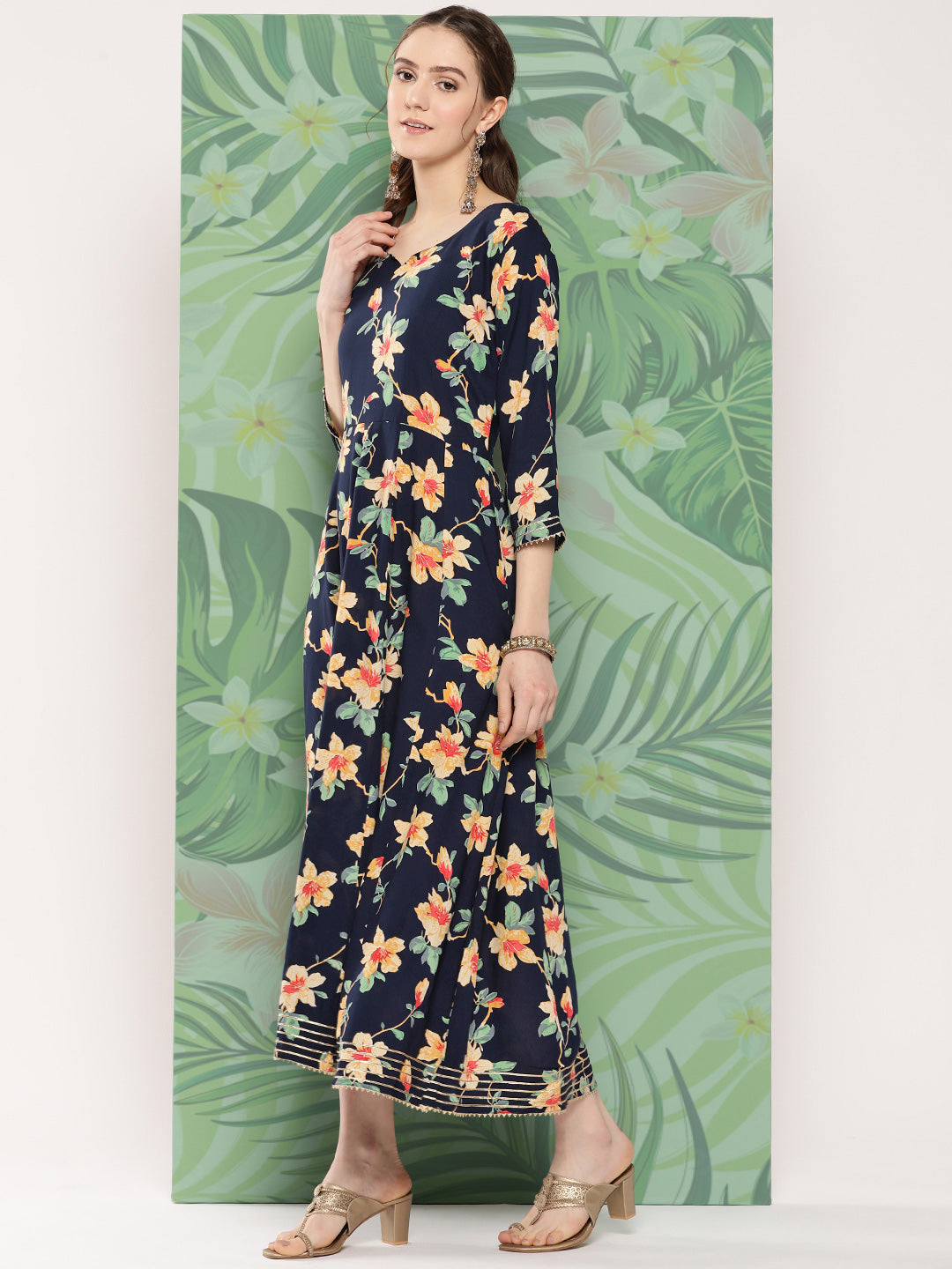 InWeave Women's Black Tropical Print Gota Long Dress | Grocsy