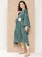Ahalyaa Women Floral Printed Flared Sleeves Patchwork Belted Detail Crepe Kaftan Kurta | Grocsy