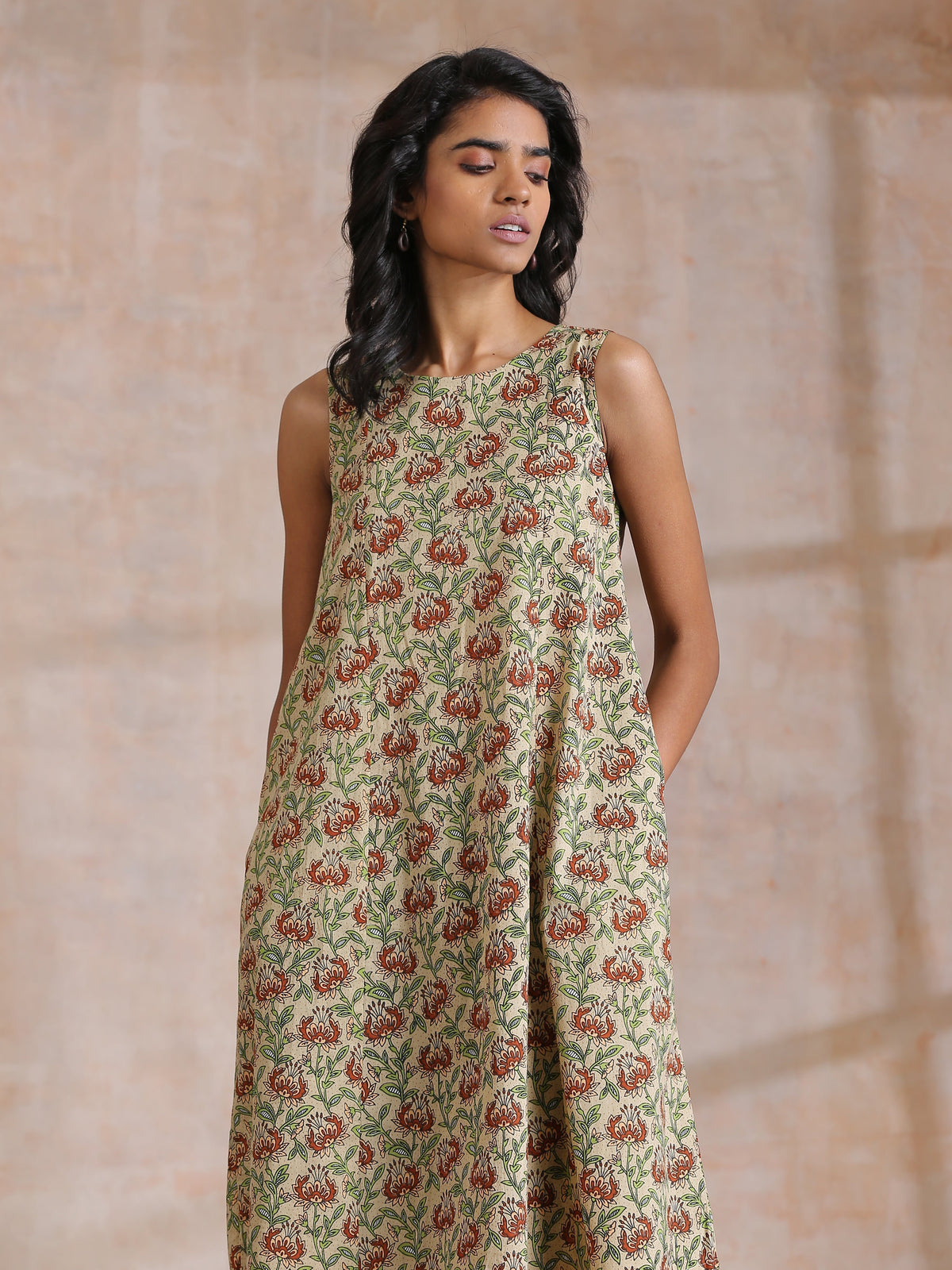 trueBrowns Beige Overall Brown Floral Block Print Cotton High-Low Co-Ord Set | Grocsy