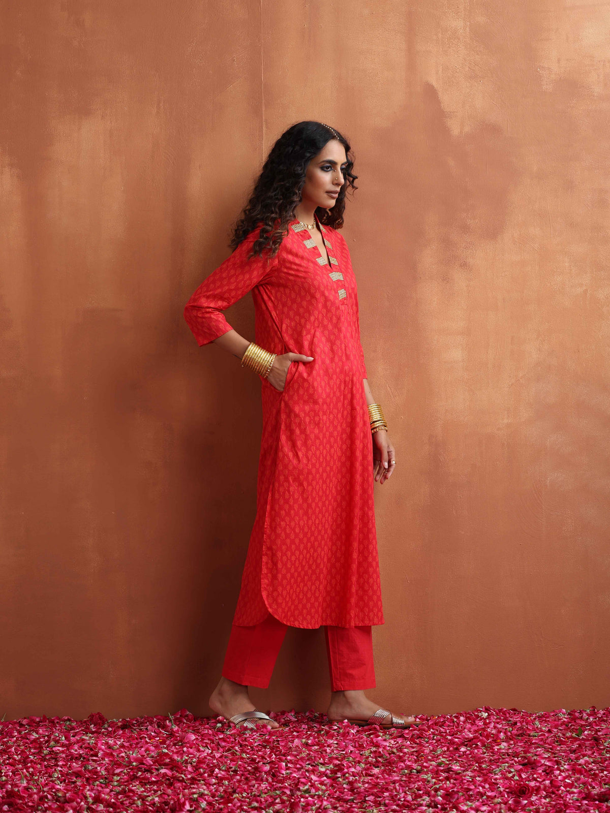 trueBrowns Red Print A-line Kurta Set | Grocsy