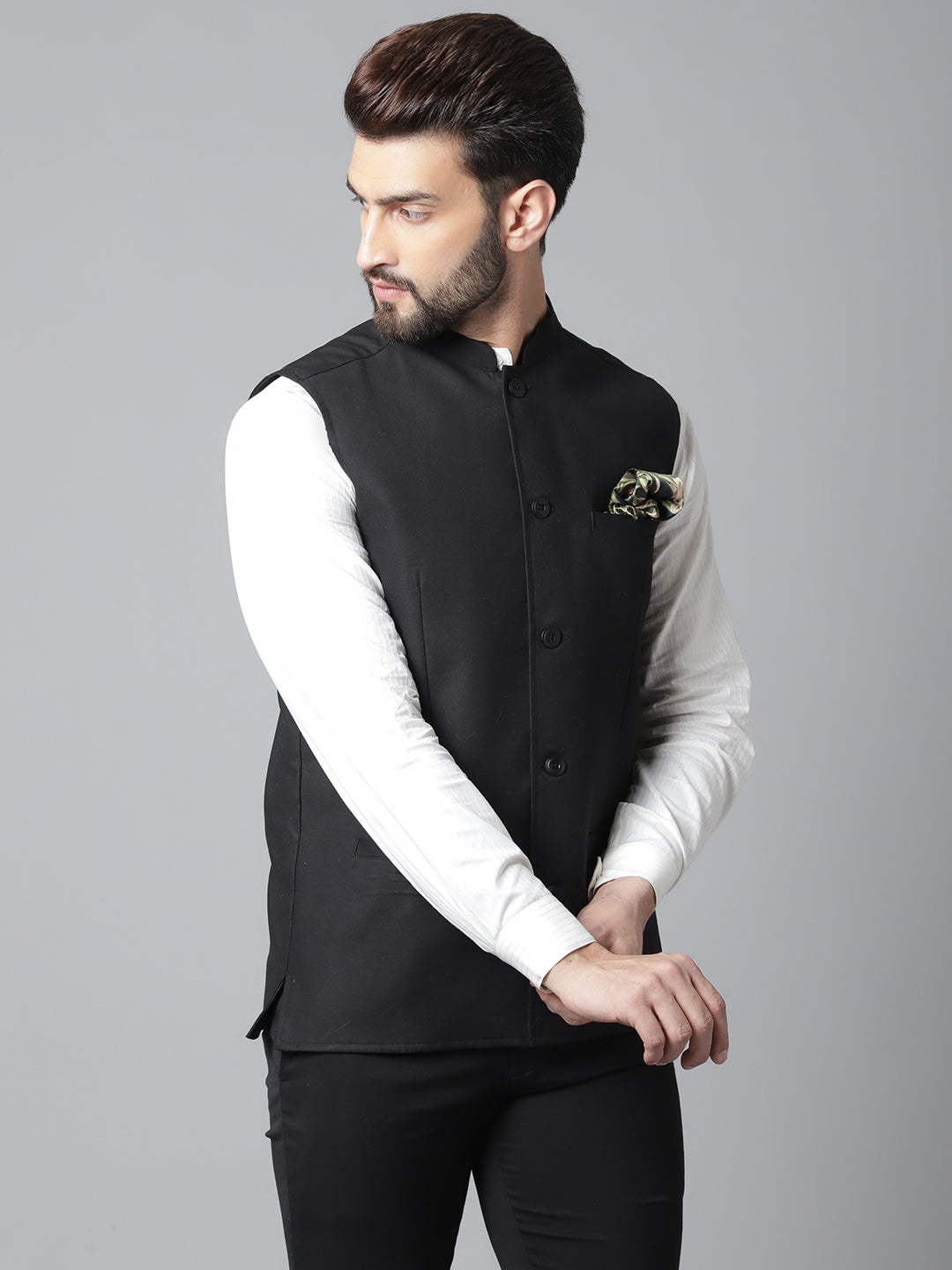 Even Apparels Men's Black Nehru Jacket With Welt Pockets | Grocsy