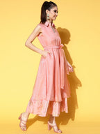 Ahalyaa Belted Tiered Empire Ethnic Dress | Grocsy