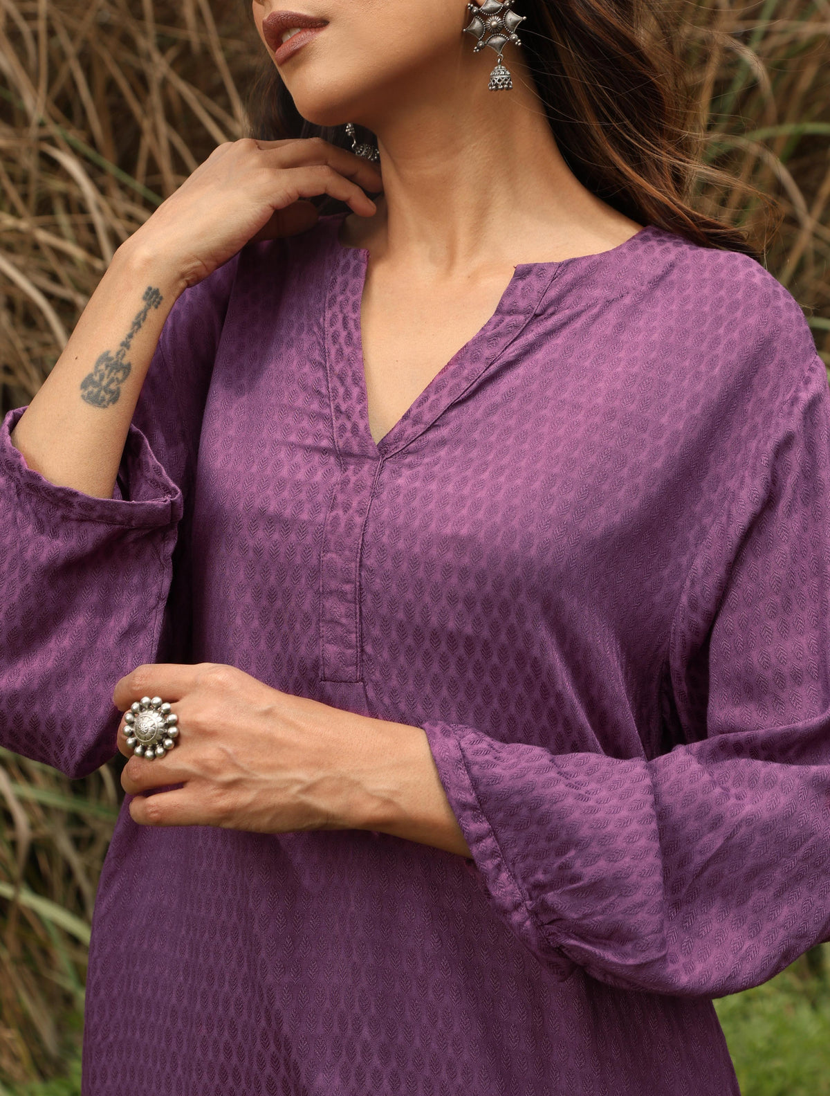 trueBrowns Purple Viscose Dobby Relaxed Co-ord Set | Grocsy