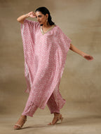 trueBrowns Light Mauve Bandhani Printed Silk Kaftan Kurta Pant Set | Grocsy
