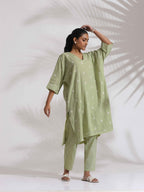 trueBrowns Green Cotton Floral Embroidered Kurta Co-ord Set | Grocsy