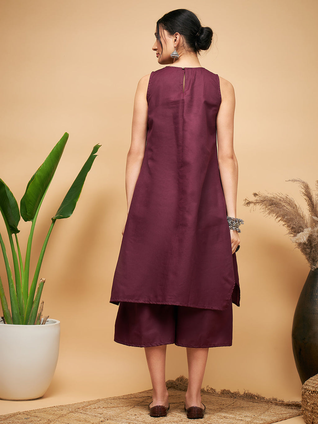InWeave Women's Wine Solid Short Kurta Palazzo Set | Grocsy