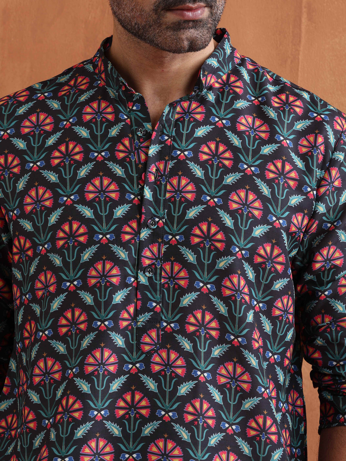 trueBrowns Men's Black Floral Printed Kurta | Grocsy