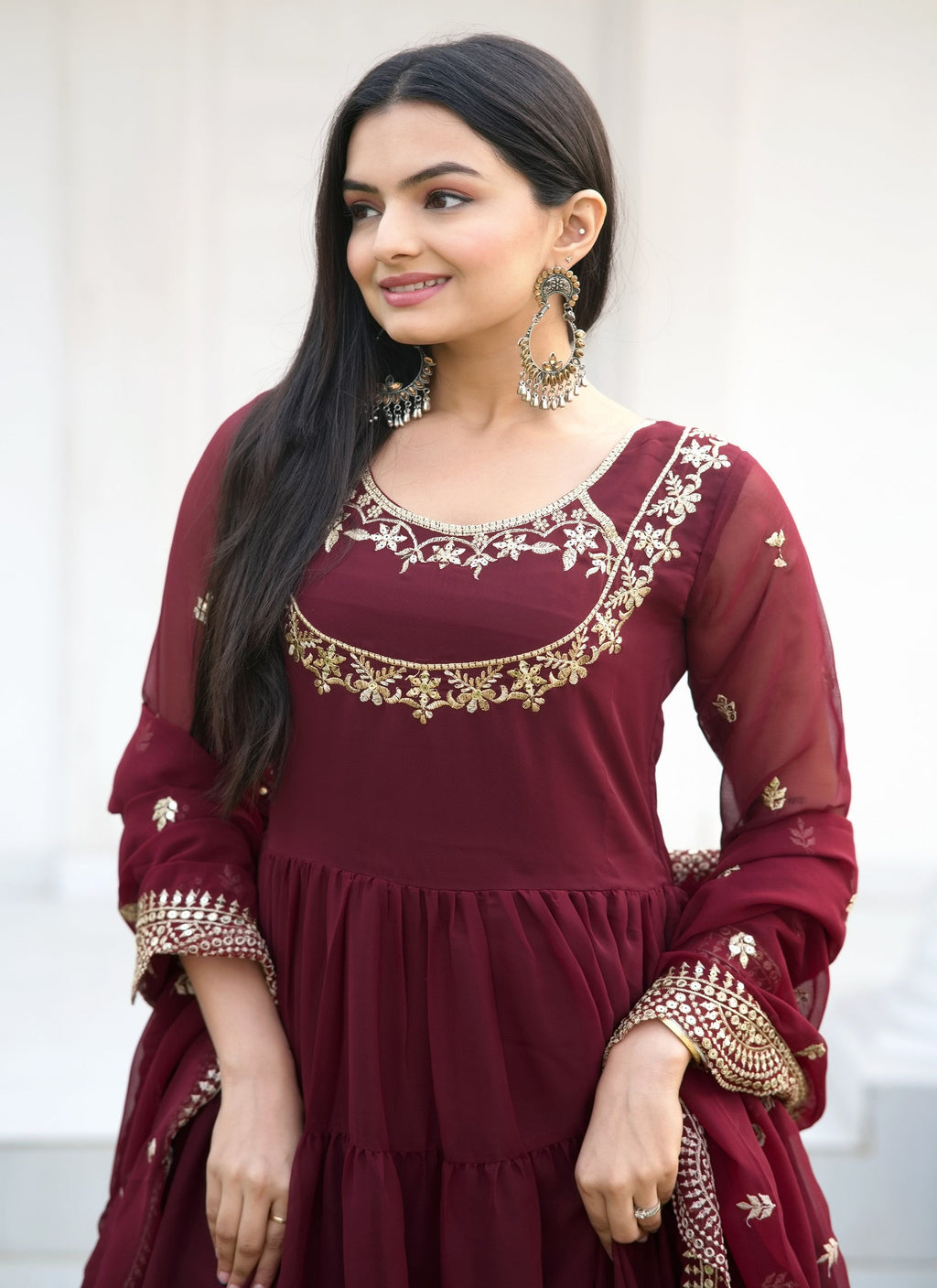 Teeya Creation MAroon Color Faux Georgette Heavy Embroidery Work Fully Stitched Gown | Grocsy