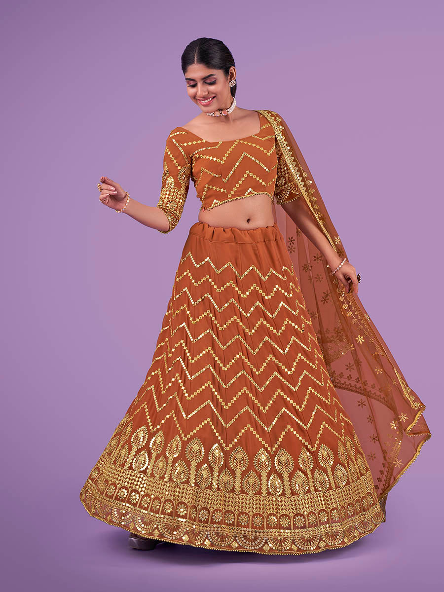 Myra Orange Georgette Embroidered Designer Lehenga | Grocsy