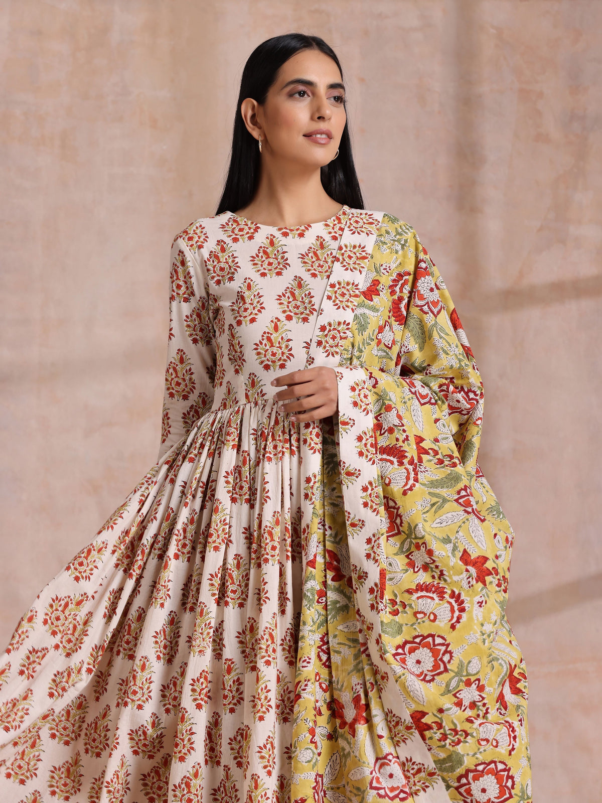 trueBrowns White With Red Yellow Buta Block Print Cotton Kurta Pant Dupatta Set | Grocsy