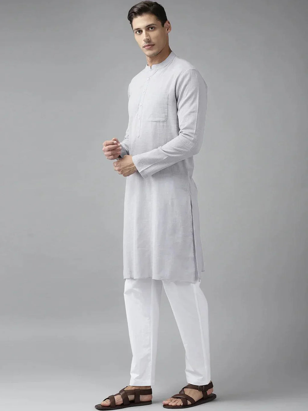 Fabmade Men Grey Cotton Linen Kurta | Grocsy