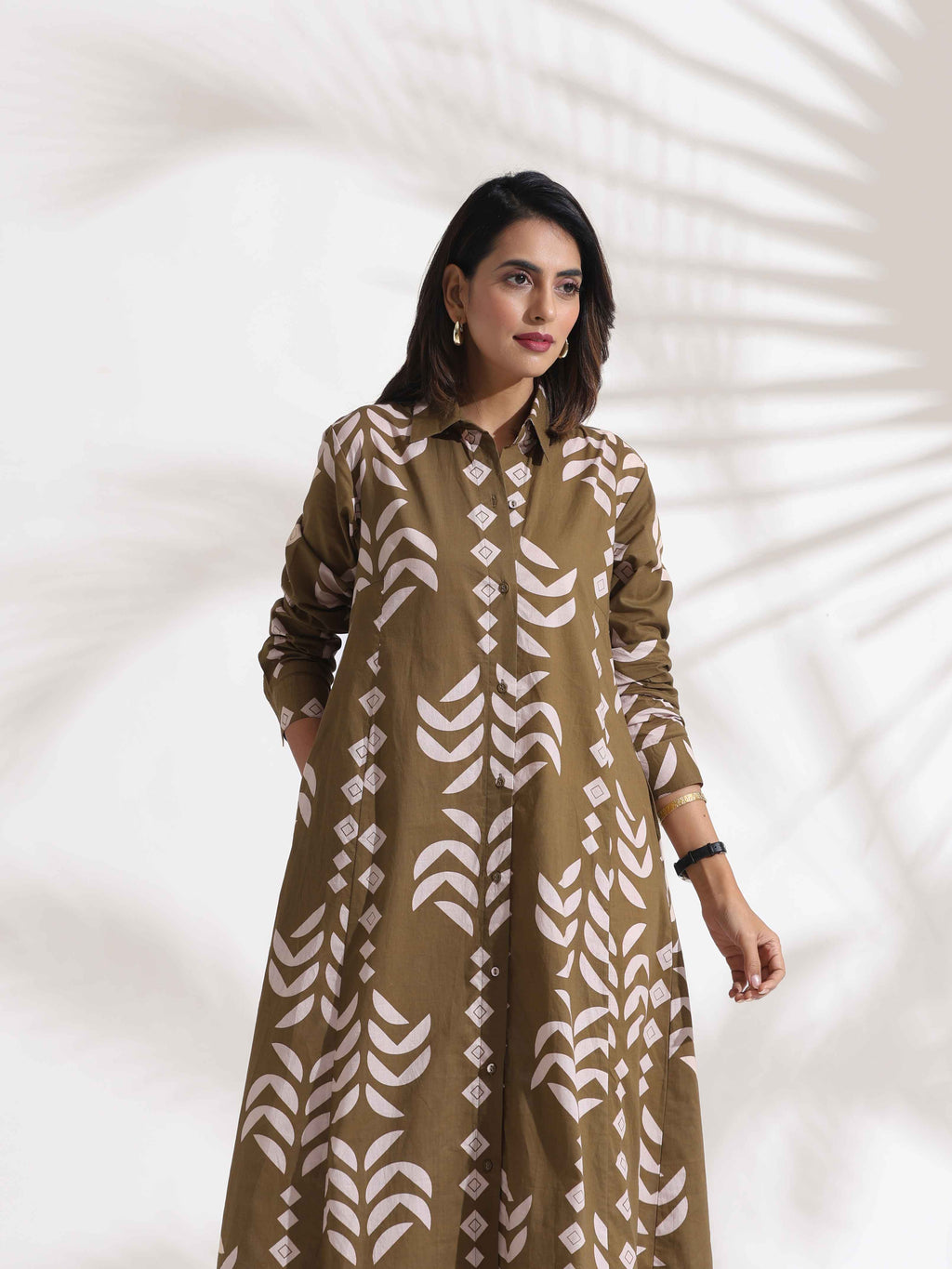trueBrowns Olive Green Cotton Print Shirt Dress | Grocsy