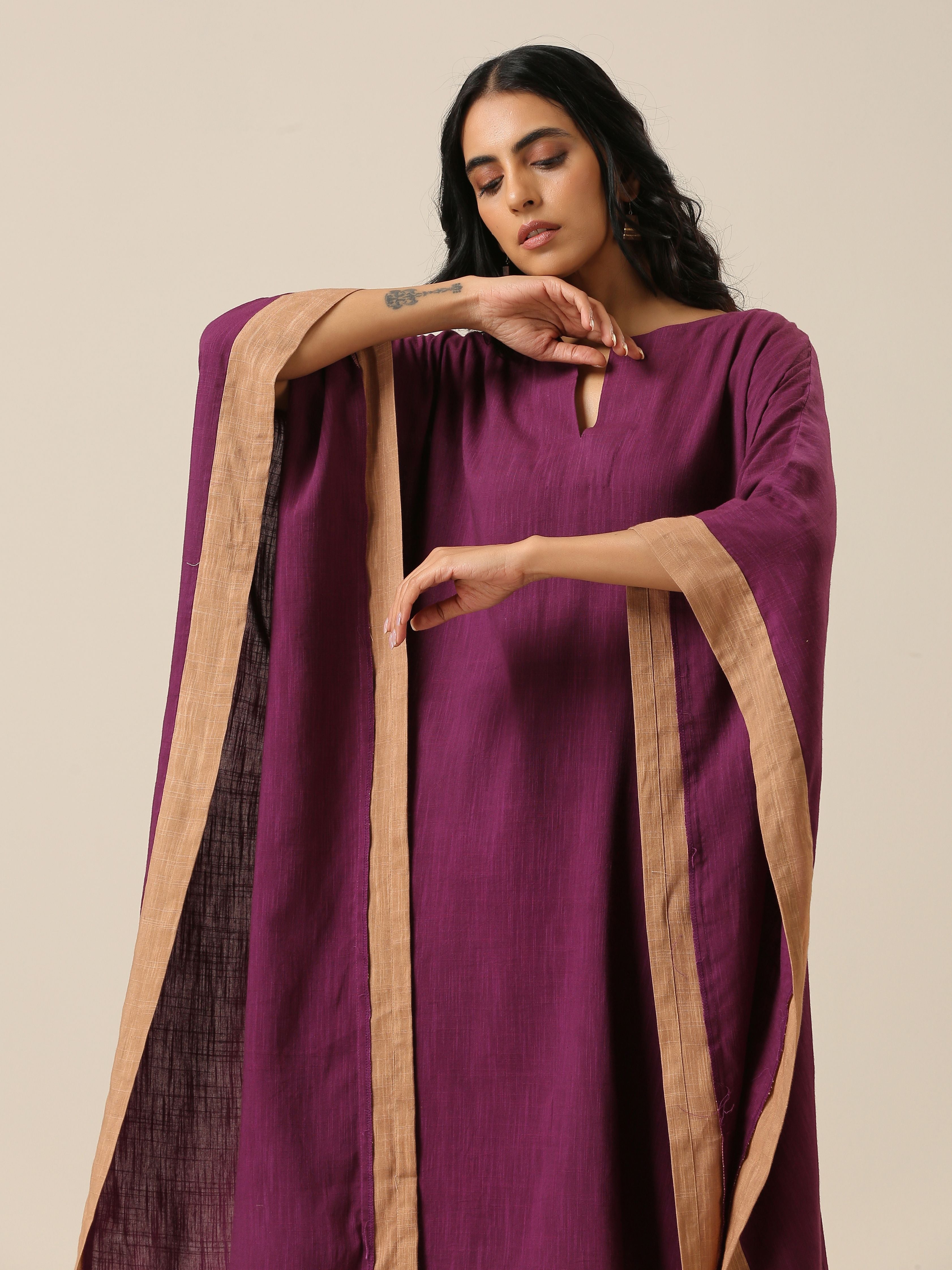 trueBrowns Plum Purple Slub Texture High Low Kaftan Pant Set | Grocsy