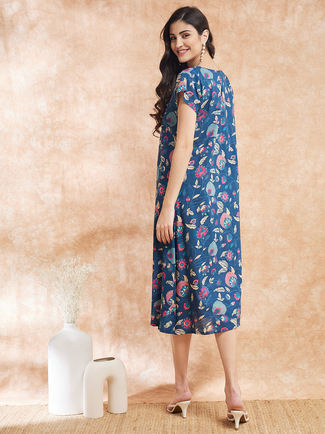 InWeave Women's Blue Pink Kalamkari A Line Dress | Grocsy