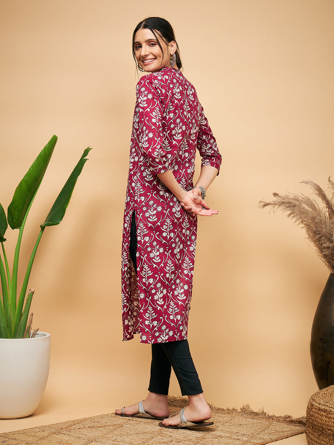 InWeave Women's Wine Floral Print Straight Angrakha Gota Kurta | Grocsy