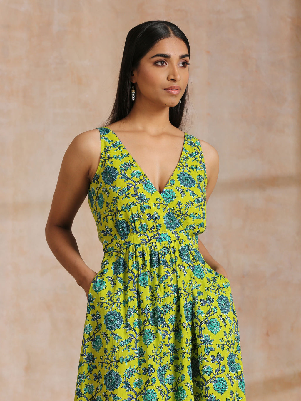 trueBrowns Lime Green Overall Teal Floral Block Print Cotton Sleeveless Wrap Dress | Grocsy