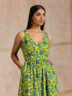 trueBrowns Lime Green Overall Teal Floral Block Print Cotton Sleeveless Wrap Dress | Grocsy