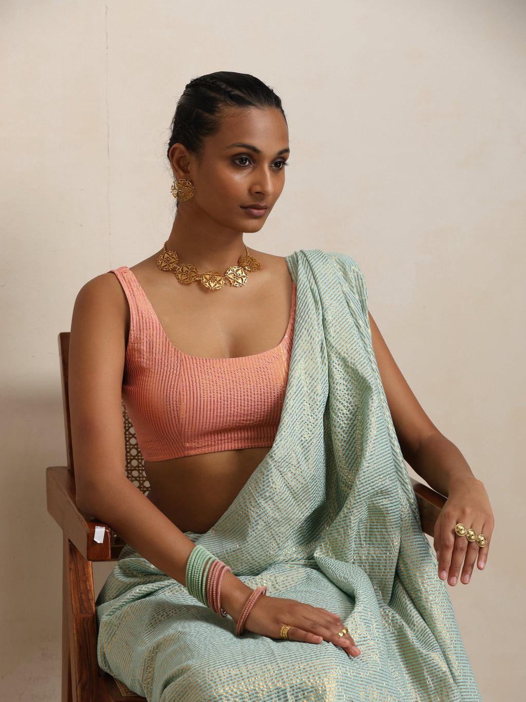 trueBrowns Blue Gold Metallic Ready To Wear Saree | Grocsy