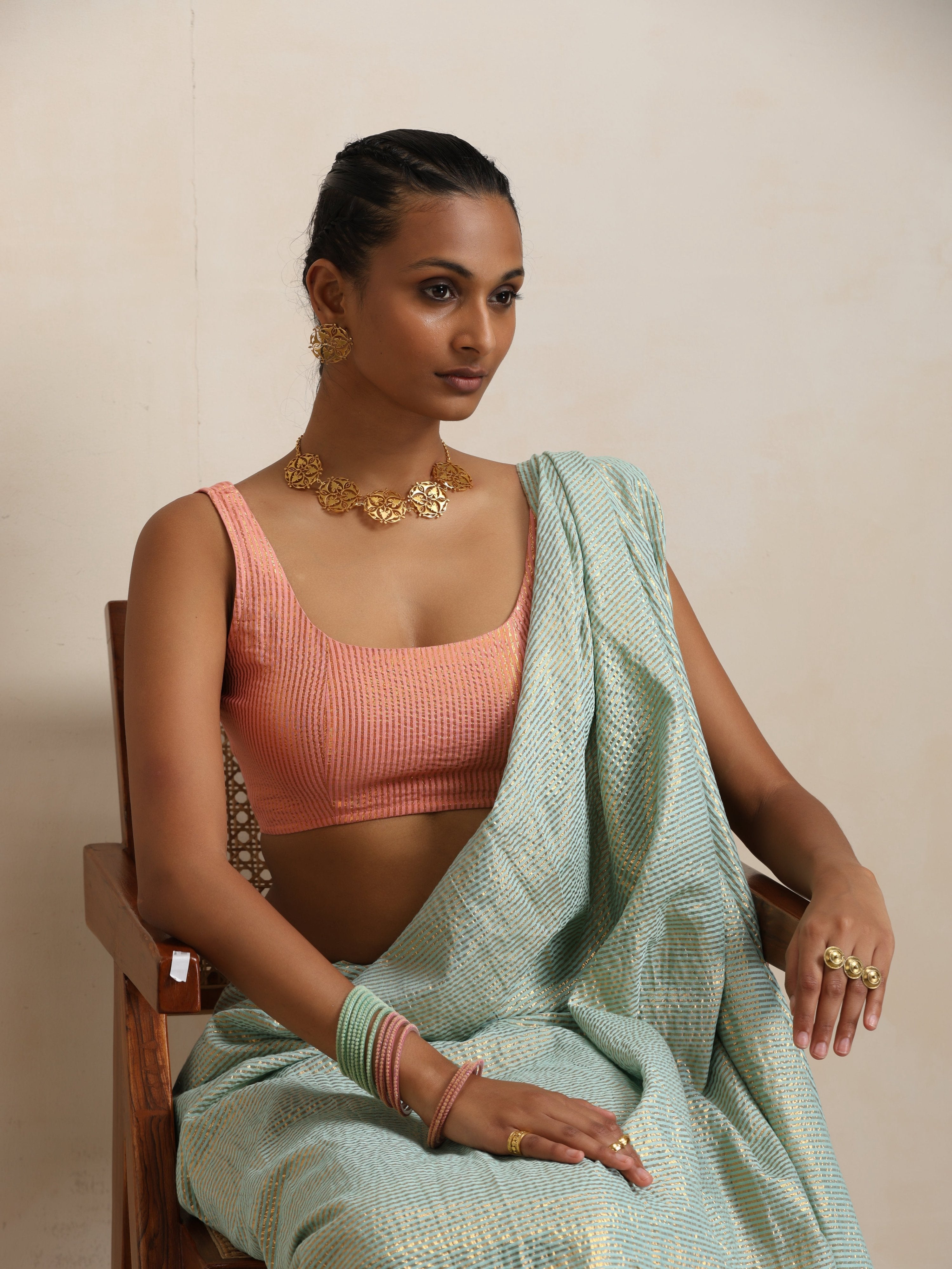trueBrowns Blue Gold Metallic Ready To Wear Saree | Grocsy