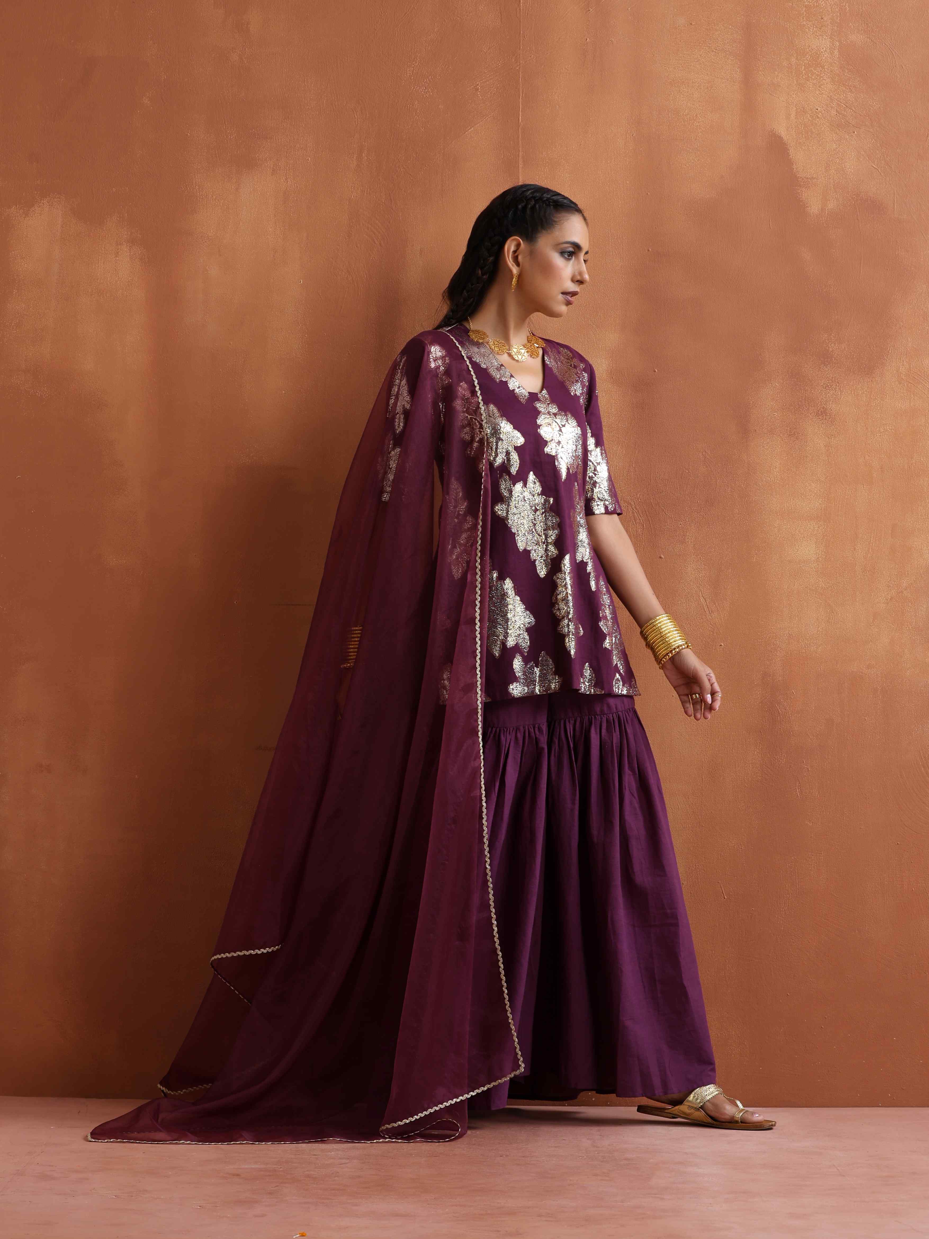 trueBrowns Purple Metallic Sharara Dupatta Set | Grocsy