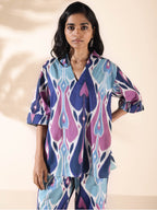 trueBrowns Blue Cotton Ikat V-neck Co-ord Set | Grocsy