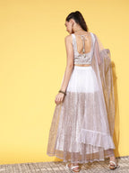 Ahalyaa White & Gold-Toned Printed Ready to Wear Lehenga & Blouse With Dupatta | Grocsy