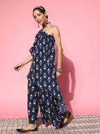 InWeave Women's Blue Boota One Shoulder Top With Palazzo Set | Grocsy