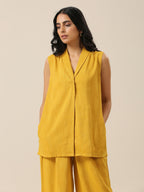 trueBrowns Mustard Yellow Slub Texture Sleevesless Jacket Pant Set | Grocsy