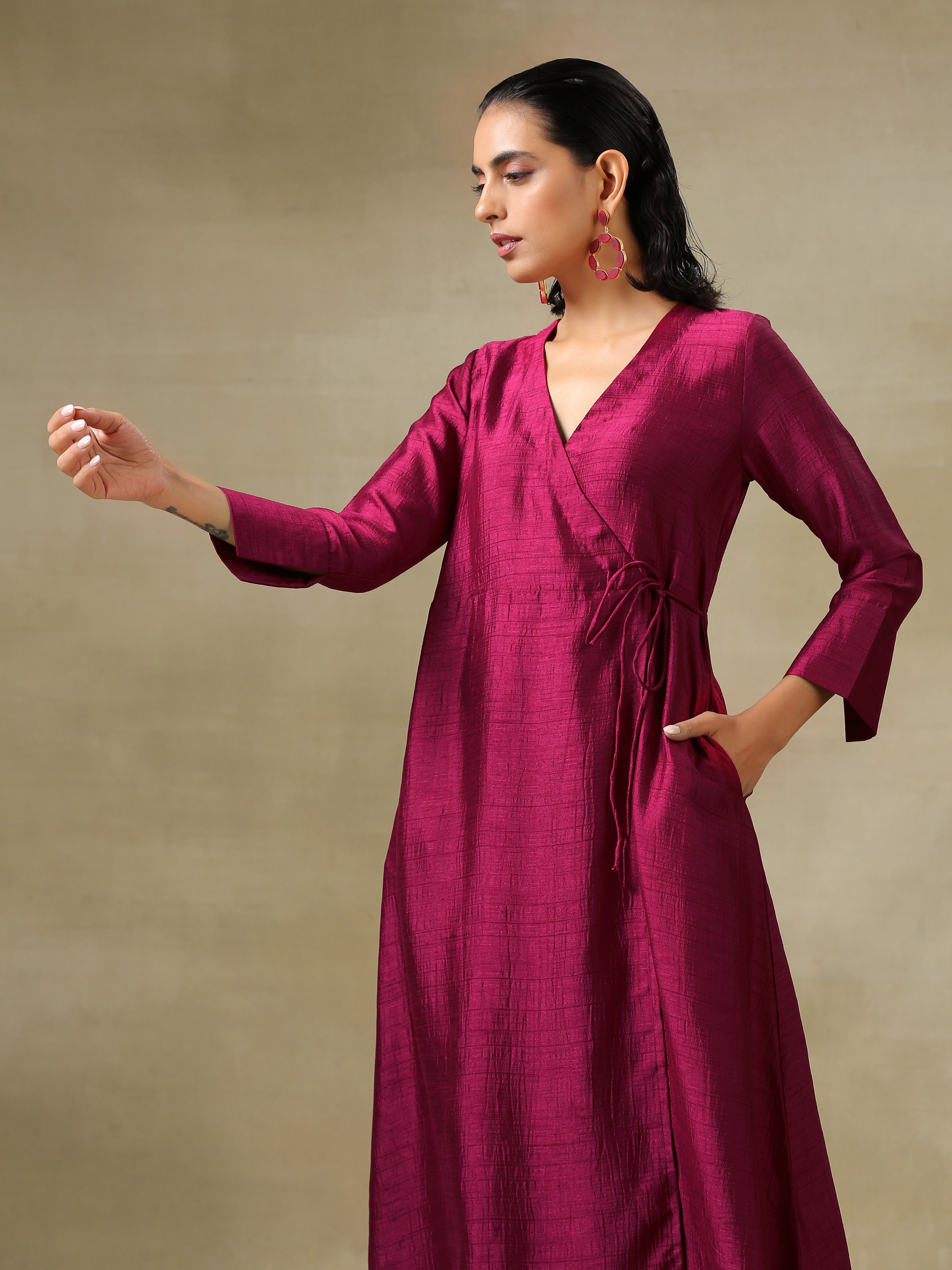 trueBrowns Purple Textured Silk Angrakha Kurta Pant Set | Grocsy