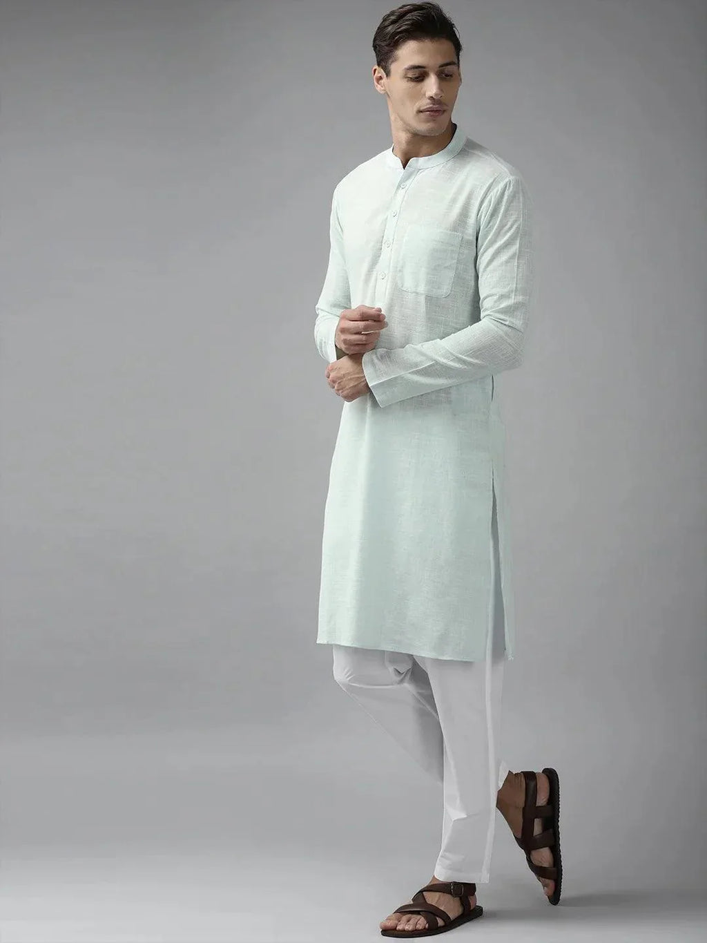 Fabmade Men Sky Blue Cotton Linen Straight Kurta | Grocsy