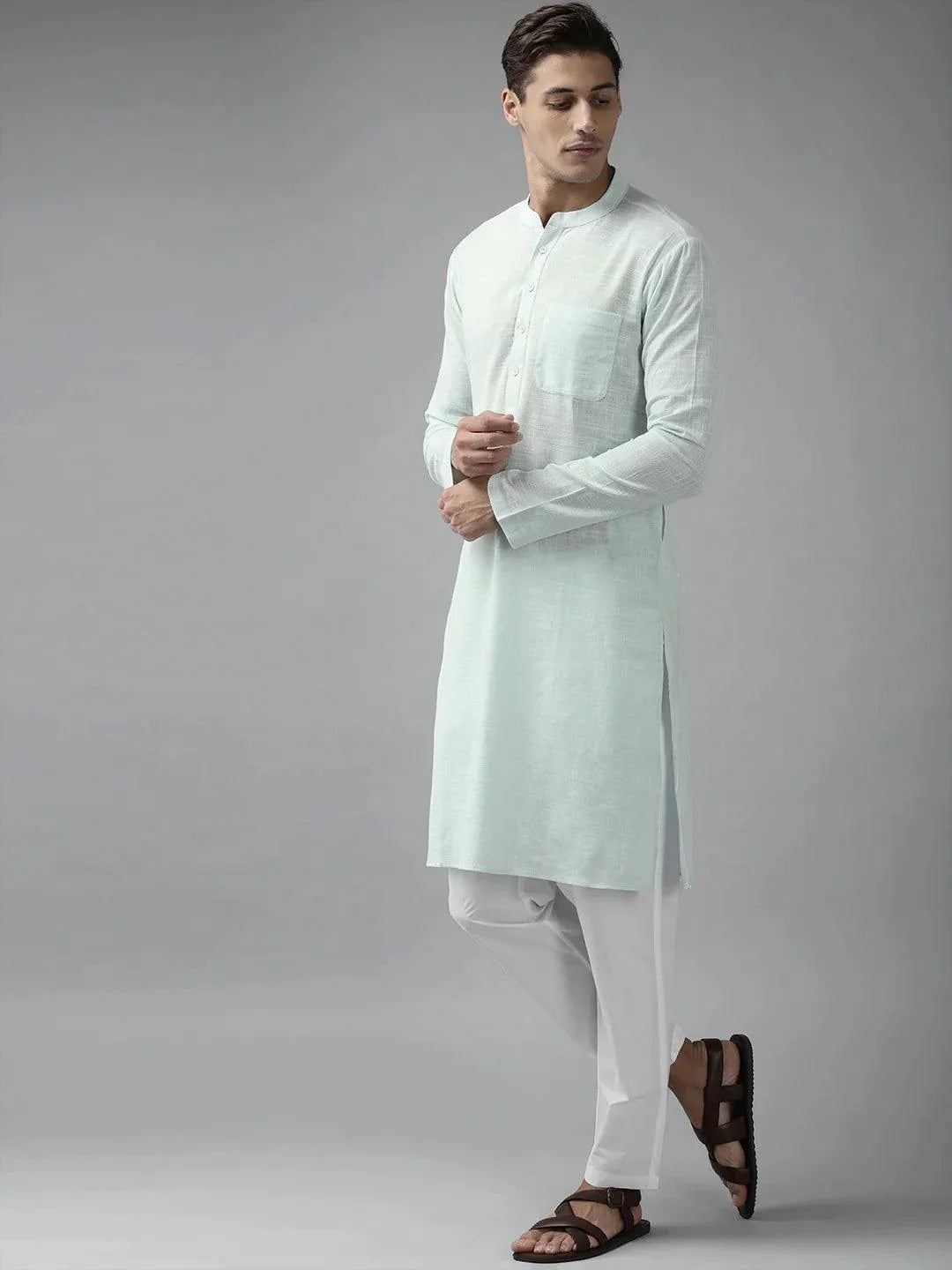 Fabmade Men Sky Blue Cotton Linen Straight Kurta | Grocsy