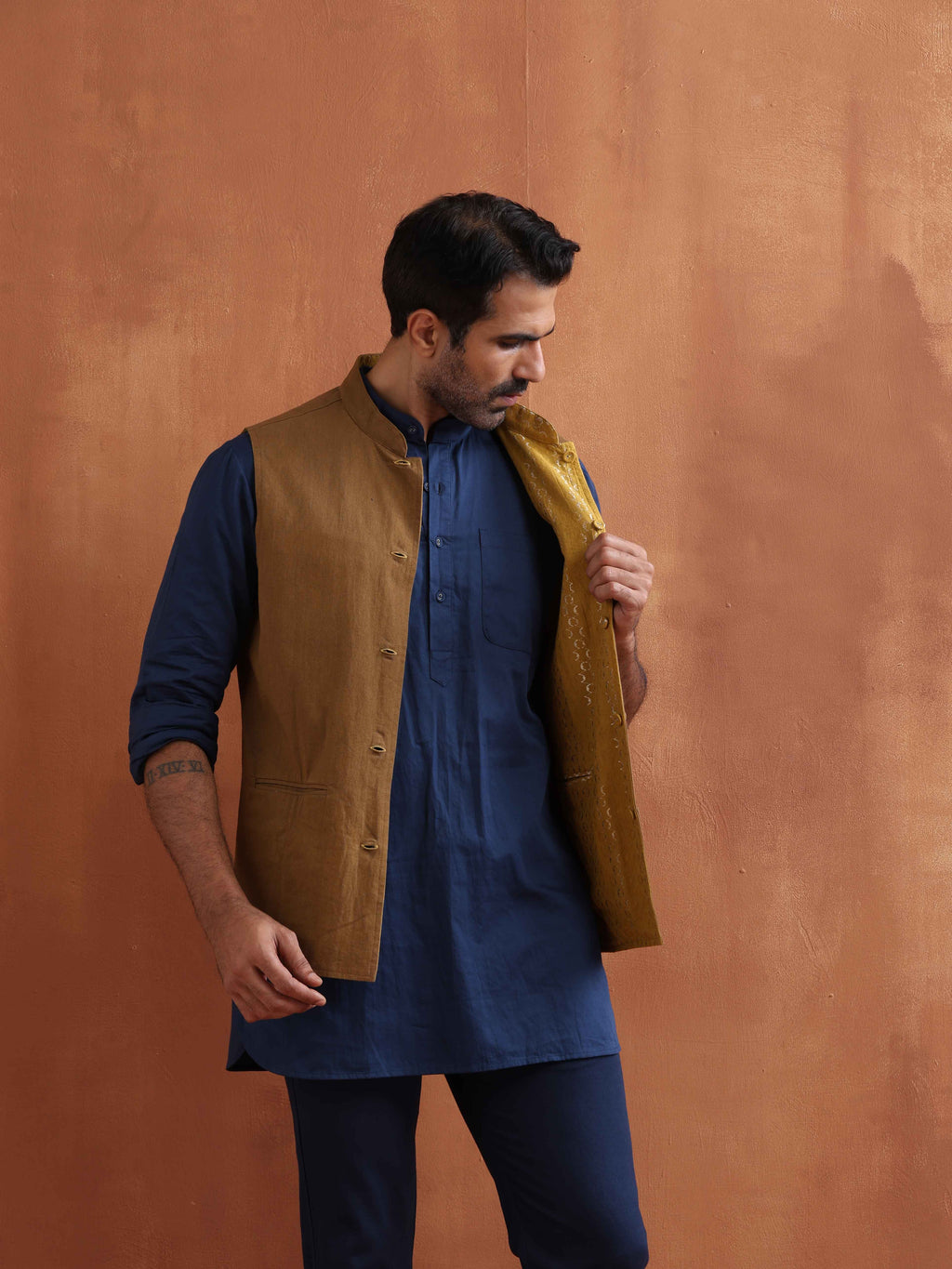trueBrowns Men's Mustard Cotton Dobby Reversible Nehru Jacket | Grocsy