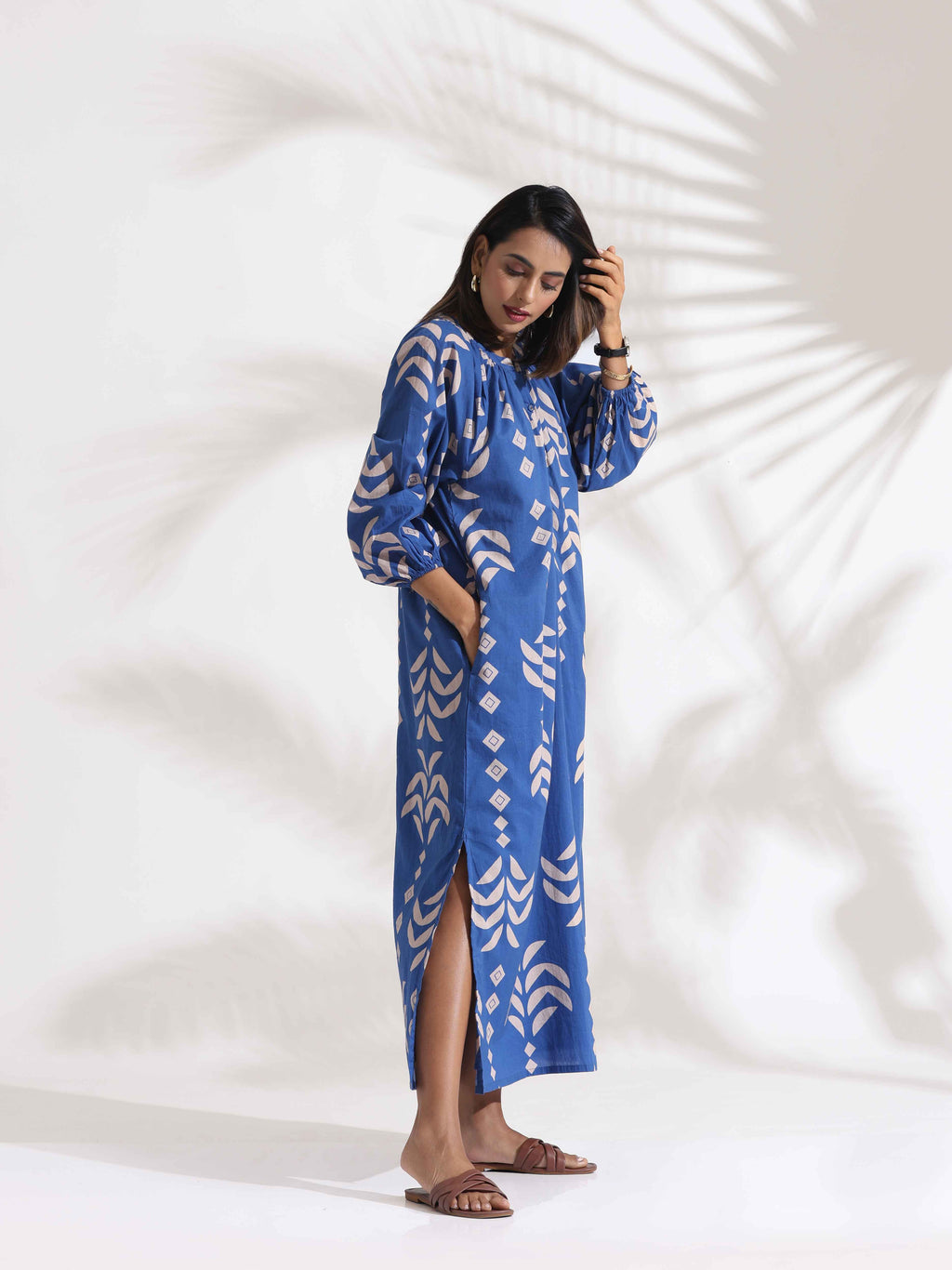 trueBrowns Blue Cotton Print Dress | Grocsy