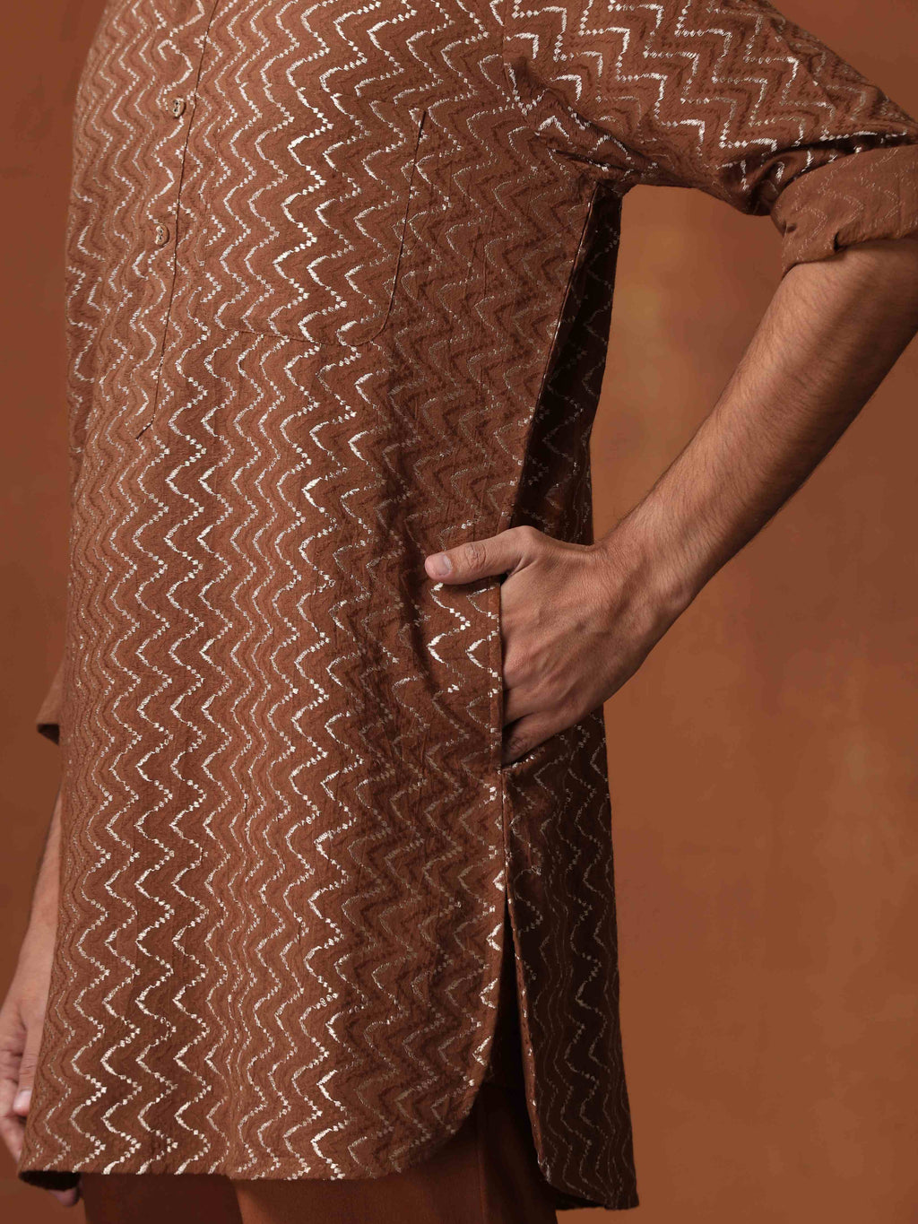 trueBrowns Men's Brown Cotton Dobby Short Kurta | Grocsy