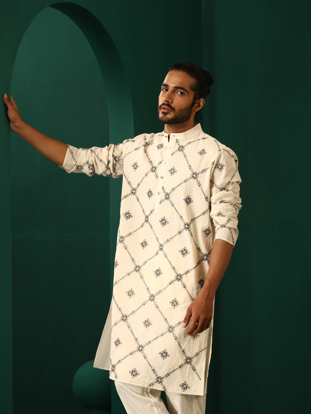 trueBrowns Men's Ivory Rhombus Cotton Kurta | Grocsy