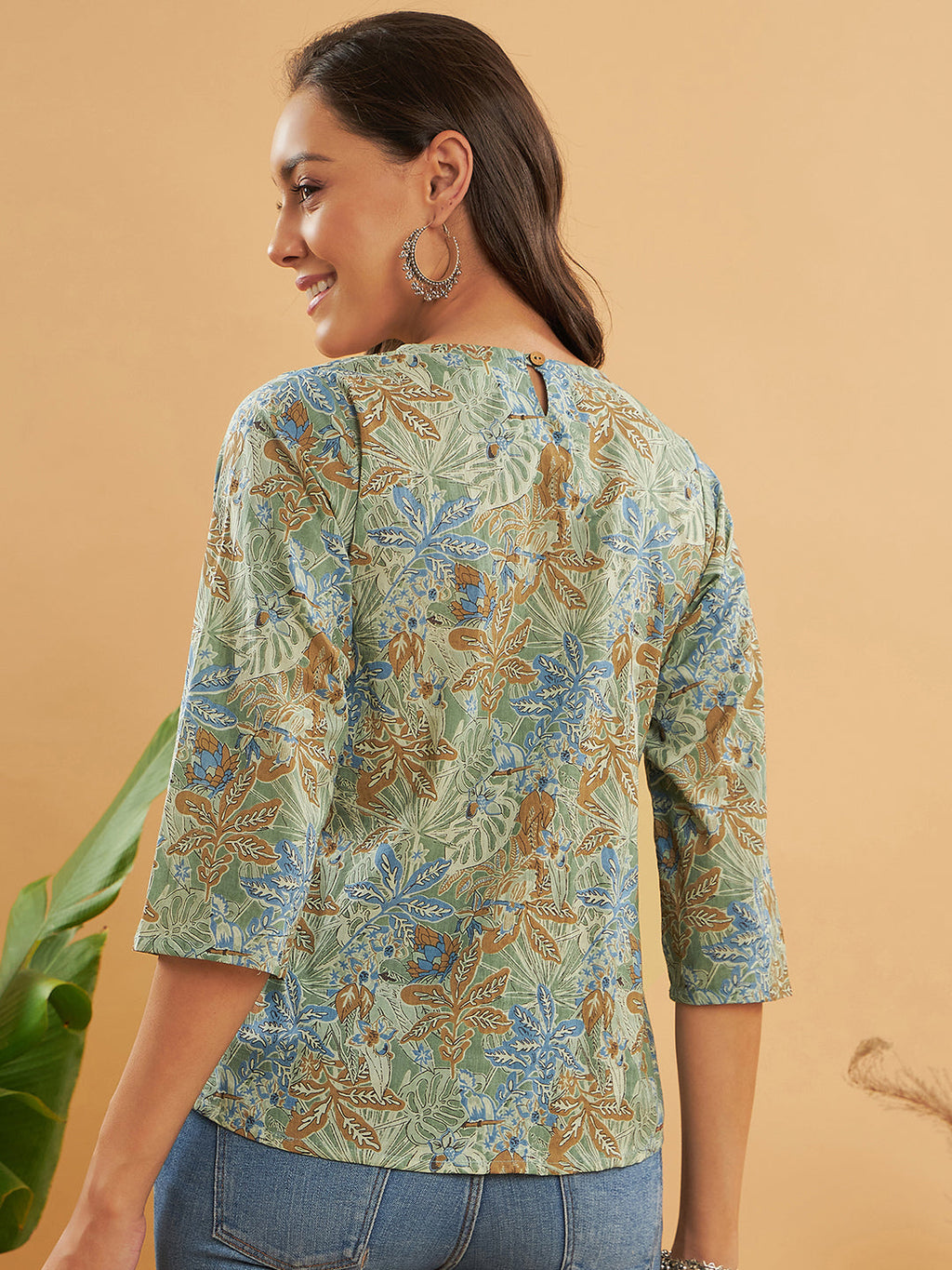 InWeave Women's Dull Green Leaf Floral Print Top | Grocsy